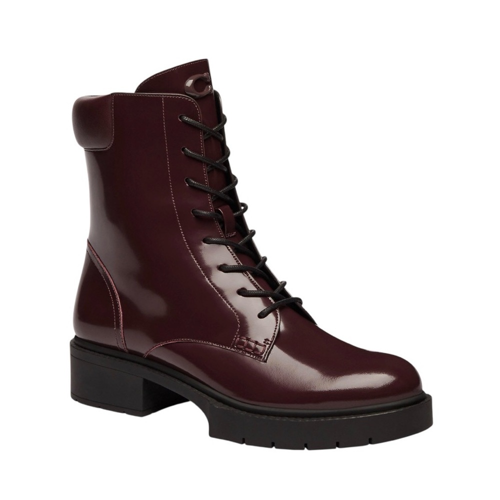 COACH Leighton Women's Burgundy Lace-Up Patent Combat Boot